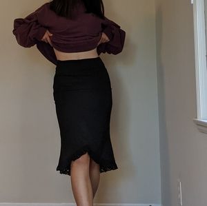 vintage black satin lace hem midi skirt